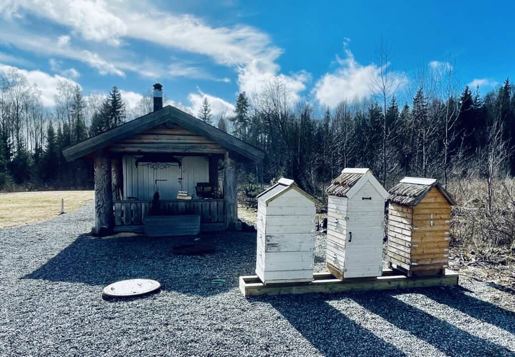 Noen av BeeFolque Kollektivets bikuber på Bøndenes Hus i Ski.